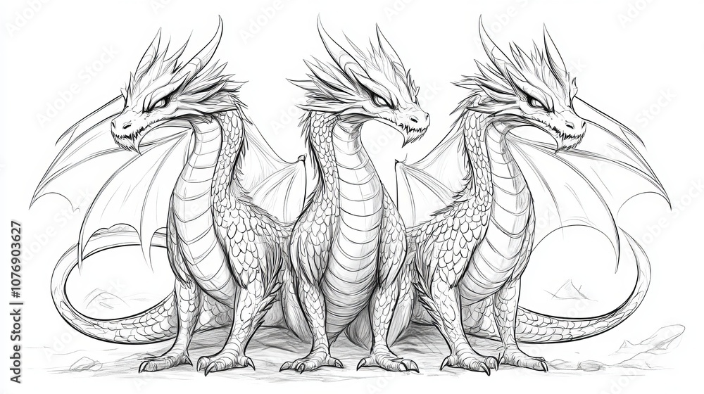 Naklejka premium Three-Headed Dragon Coloring Page - Outline Illustration for Kids' Coloring Fun