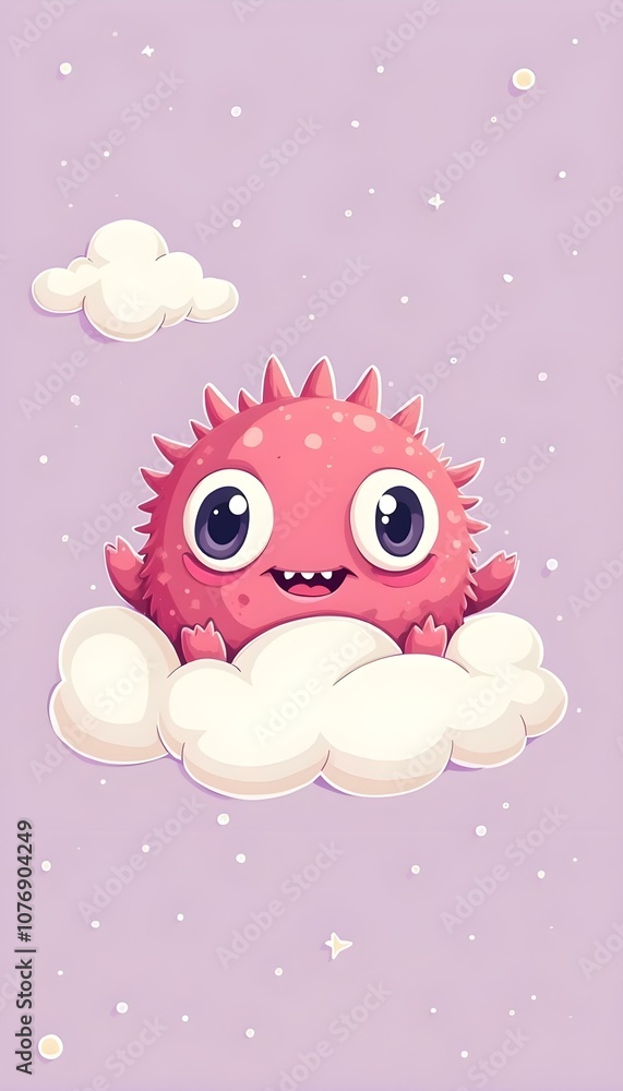 Obraz premium Adorable Pink Monster Sitting on Cloud Purple Sky