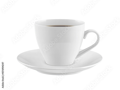 A white coffee cup with a white saucer sits on a white background