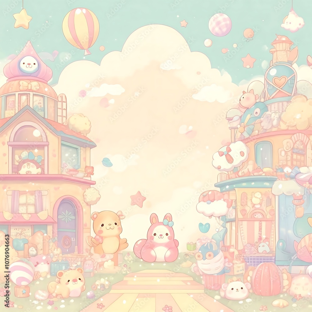 Two colorful buildings with cute animal residents, surrounded by clouds and stars, in a soft pastel palette. Two colorful buildings with cute animal residents, surrounded by clouds and stars, in a soft pastel palette.