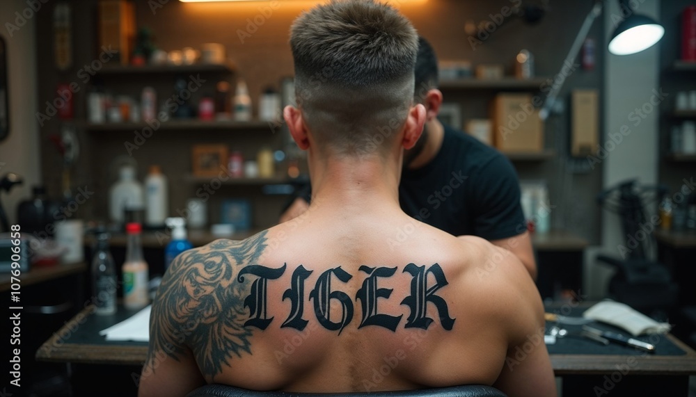 Muscular young man with tiger tattoo in tattoo studio viewed from behind Muscular young man with tiger tattoo in tattoo studio viewed from behind