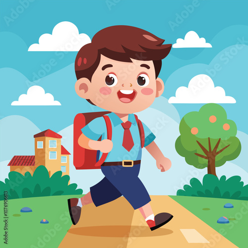 School Kid Happily Going School Vector