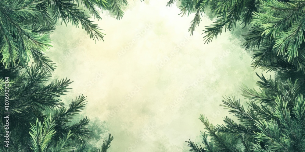 Naklejka premium A serene view from the forest floor reveals dense pine tree branches reaching toward a light sky. The mist envelops the area, creating a peaceful and refreshing atmosphere in nature.
