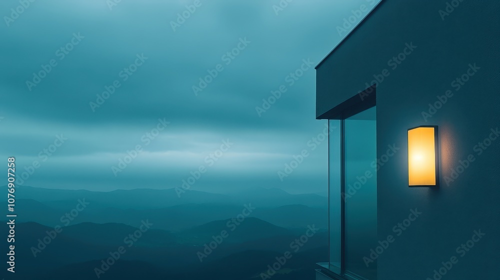 Naklejka premium A tranquil evening glow from a modern building overlooking misty mountains at twilight