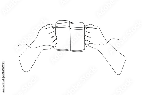 Two hands clinking glasses continuous line art drawing. Vector illustration.