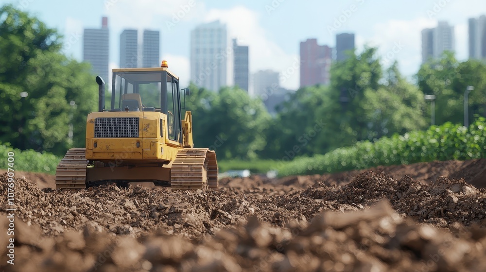 Bulldozer moves soil to prepare construction site in urban landscape Bulldozer moves soil to prepare construction site in urban landscape