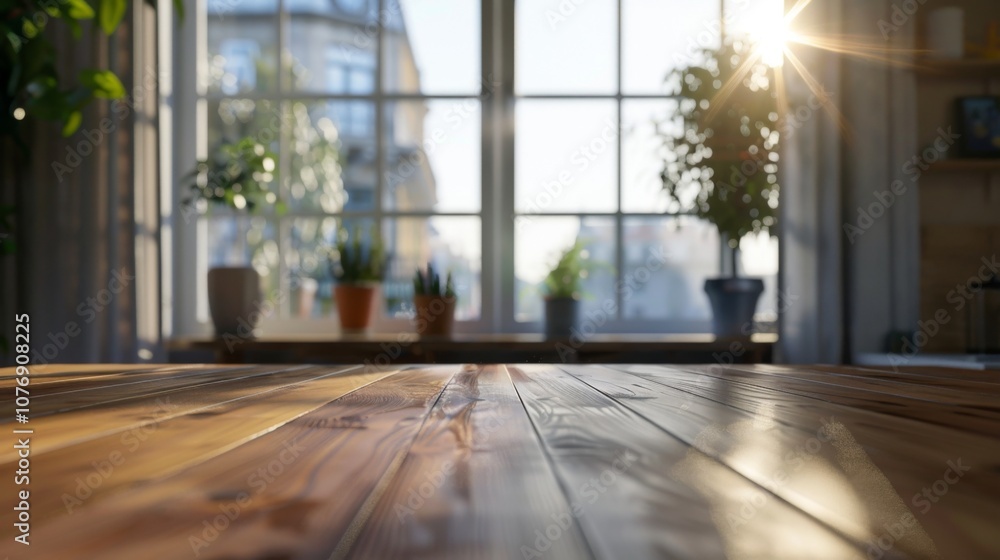 Fototapeta premium Wooden Table with Sunlight Streaming Through Window - Interior Design