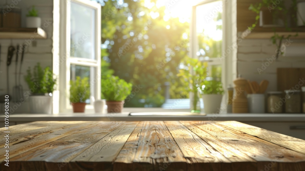 Fototapeta premium Rustic Kitchen Table with Sunlight Streaming Through Window