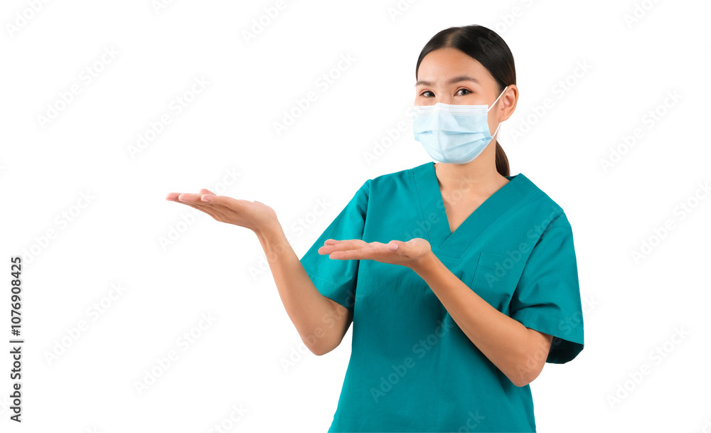 A healthcare professional in scrubs and a mask, gesturing with hands against a white isolate background. A healthcare professional in scrubs and a mask, gesturing with hands against a white isolate background.