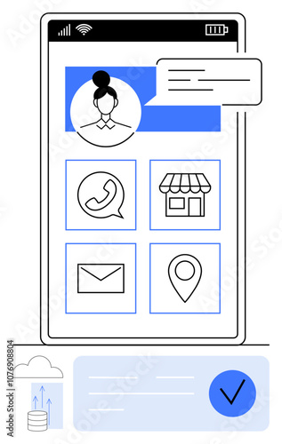 Mobile screen displaying user profile, chat bubble, phone, shop, email, and location icons. Ideal for communication apps, e-commerce business contacts location services networking. Line metaphor