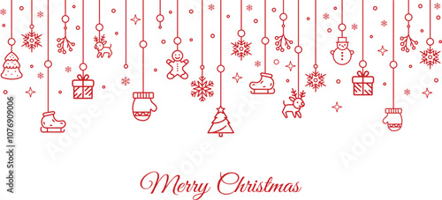 Merry Christmas card with a line art design of hanging decorations and snowflakes. Vector illustration for greeting cards, website banners, invitations, or social media posts.