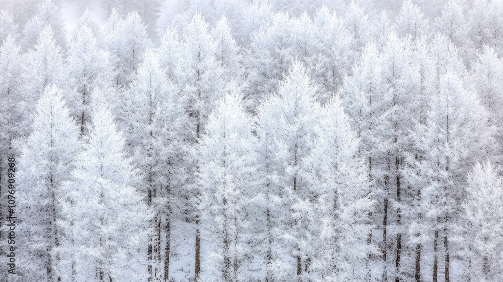 Obraz premium Snow-covered forest view from above, trees dusted with snow creating a peaceful and frosty winter landscape