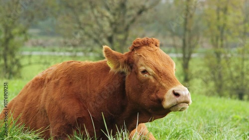 Swiss Limousine brown cow sitting and ruminating on a green pasture. Close up shot, real time, no people