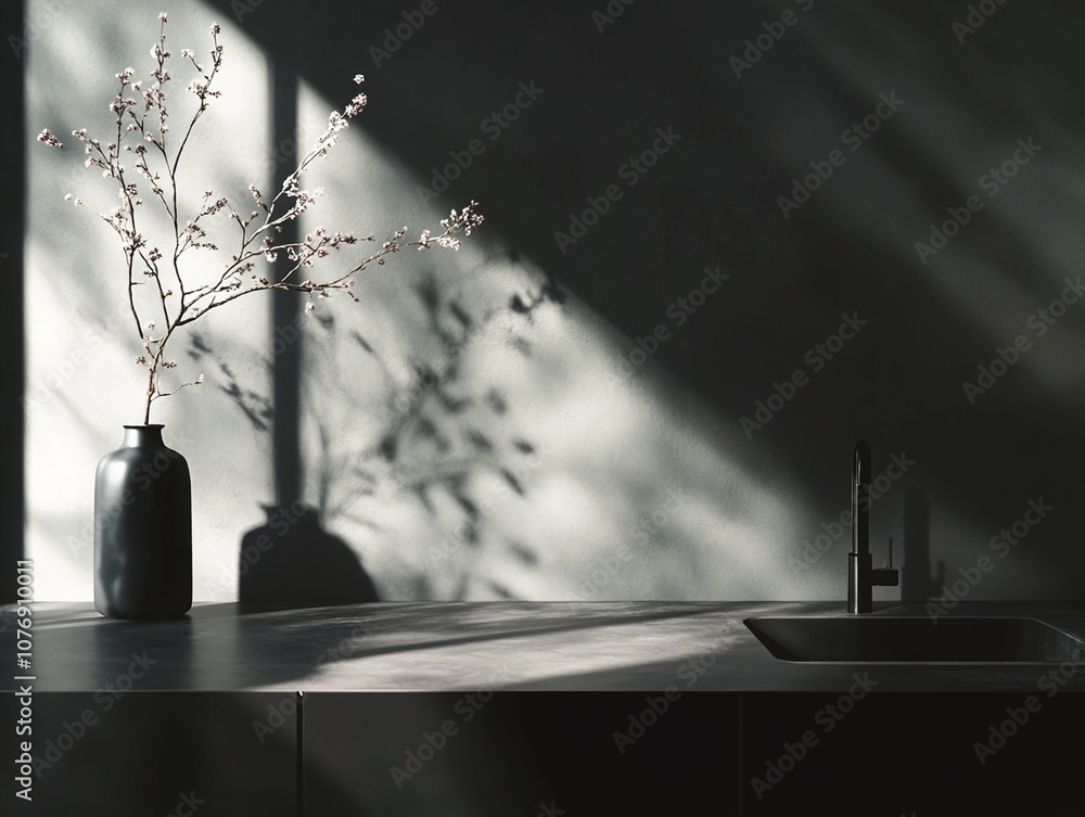 A black vase with delicate branches sits on a countertop in front of a window with sunlight streaming through it A black vase with delicate branches sits on a countertop in front of a window with sunlight streaming through it