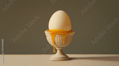 Soft-boiled egg with yolk dripping down, served in an egg cup photo