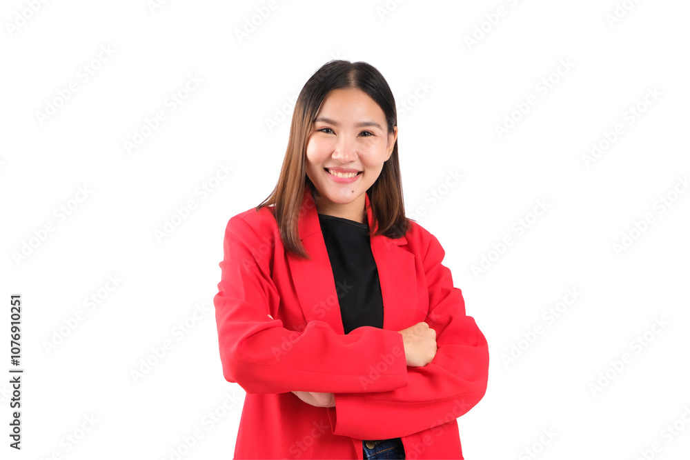 Portrait of a confident woman in a red blazer smiling with arms crossed, isolated on a white background. Portrait of a confident woman in a red blazer smiling with arms crossed, isolated on a white background.