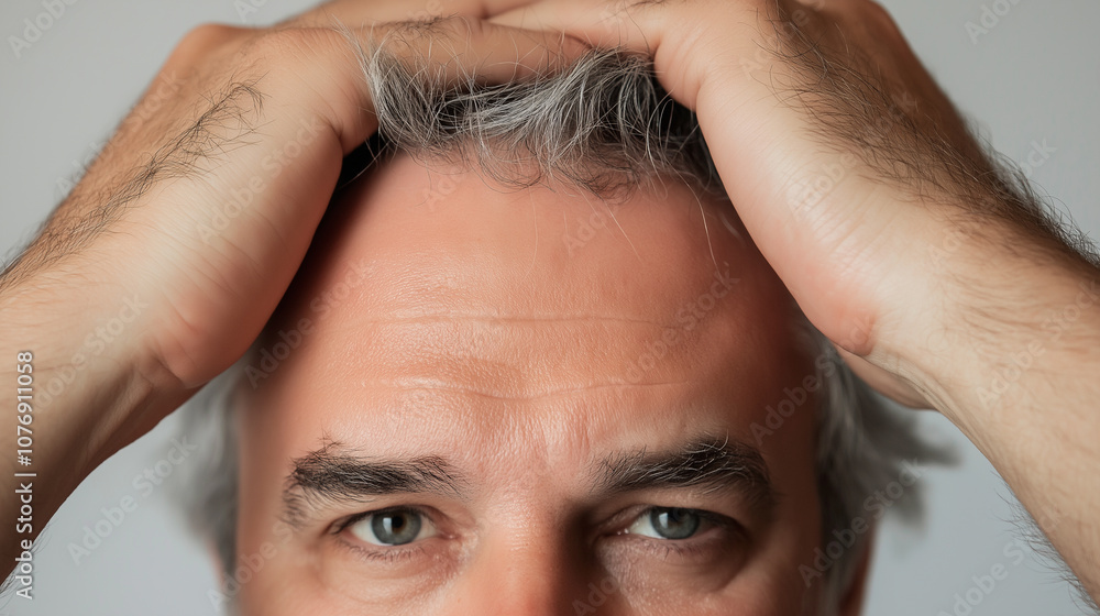 Fototapeta premium Close-up of a middle-aged man holding his head, showing signs of stress or worry, with visible gray hair and forehead wrinkles.
