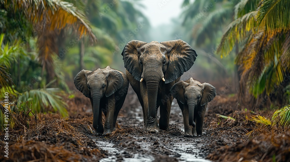 Fototapeta premium A family of elephants walks together through a palm grove, peacefully moving through the remnants of human activity