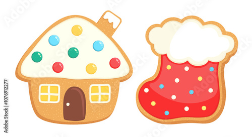 Christmas gingerbread house and gift sock cookie shapes. Xmas shortbread sugar cookies with bright icing. Gingerbread Christmas home and present boot. Cute cartoon vector illustration homemade bakery.