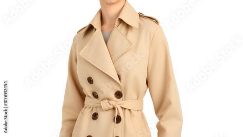 Beige female elegant trench coat isolated on white.Women's trendy clothes photo