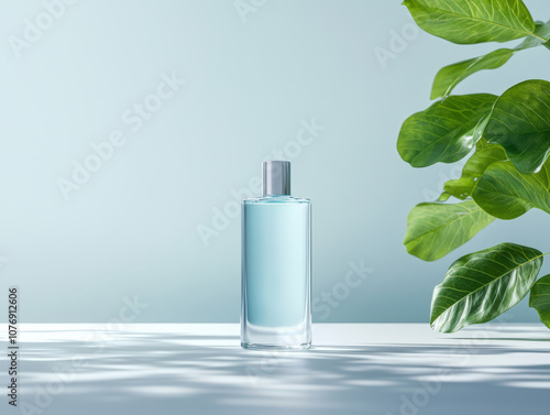 Wallpaper Mural frosted glass bottle filled with light blue liquid sits on table, surrounded by lush green leaves, creating serene and refreshing atmosphere Torontodigital.ca