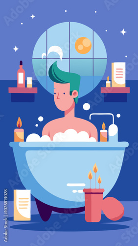 A man is taking a bath in a blue bathtub