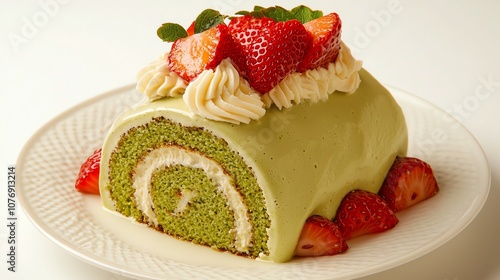 Indulge in a delicious japanese dessert matcha roll cake with cream and strawberries photo