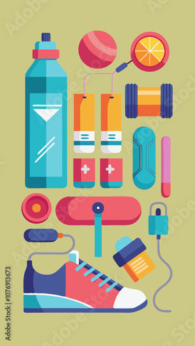 A colorful poster with various items such as a water bottle, a tennis ball