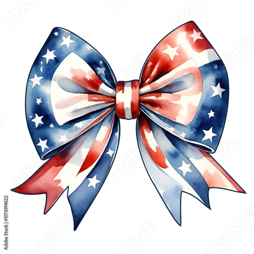 Bow, American flag colors. Generative AI. Patriotic bow of America, flag colors, ceremonial decoration. Bow on a white background. Illustration by AI