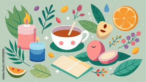 A colorful drawing of a cup of tea, a book, a candle, and fruit