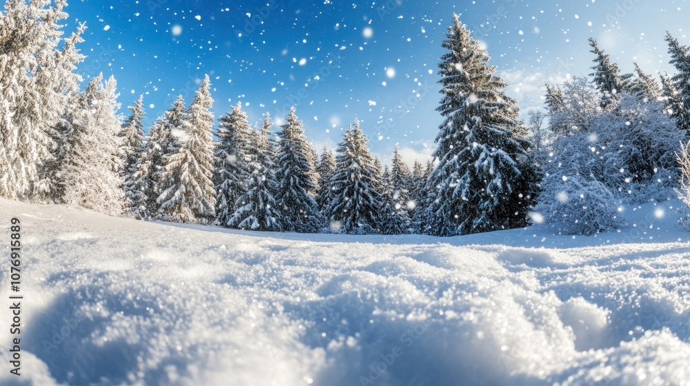 A serene winter landscape with snow-covered trees and a bright blue sky. A serene winter landscape with snow-covered trees and a bright blue sky.