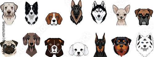 A set of Dog Faces Clipart, Different types flat vector illustration.