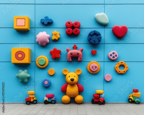 Whimsical toy store facade with playful shapes, bright colors, and cartoonthemed murals, Toy Store, Whimsical Fun photo