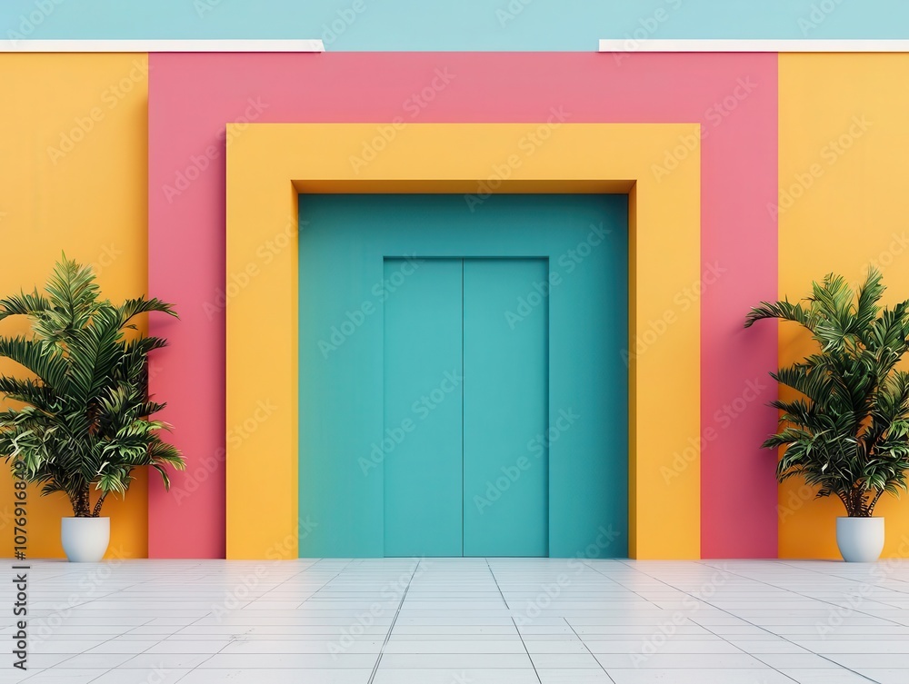 Fototapeta premium Geometric toy store exterior with bold shapes, clean lines, and colorful patterns, Toy Store, Geometric Design