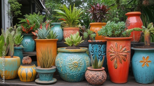 Wallpaper Mural A collection of colorful pots and vases with plants in them. The pots are arranged in a row, with some taller and some shorter. The plants are of various sizes and types, including cacti Torontodigital.ca