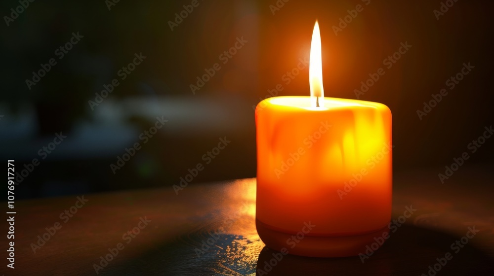 A Single Burning Candle on a Wooden Table A Single Burning Candle on a Wooden Table
