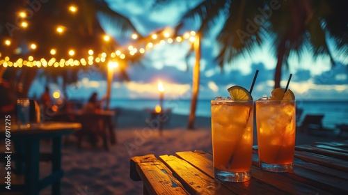 ropical tiki drinks glowing under string lights at a beach bar, with palm trees and tiki torches in the background, evoking a relaxing tropical evening photo