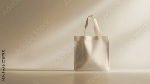 A plain white canvas tote bag against a beige background with a soft light hitting the bag. photo