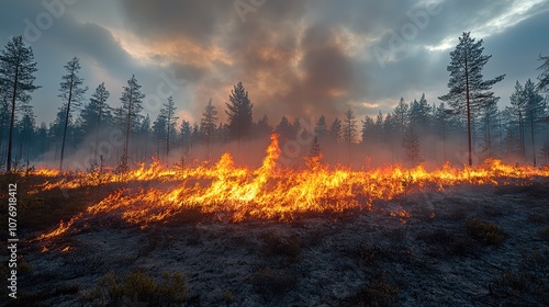 A fire burns uncontrollably in a forested area, highlighting the dangers of rising global temperatures photo