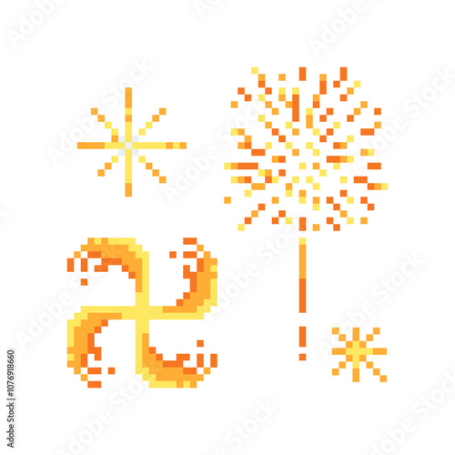 Bengal fire and fireworks icons. Design of a congratulatory holiday card. Vector icon set. Pixel art style. Isolated illustration
