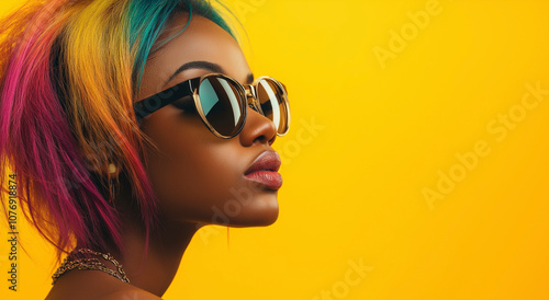 Retrato de vista lateral de mulher negra com cabelos coloridos e óculos de sol estilosos posando contra fundo amarelo, design de capa de revista de moda em alta resolução photo