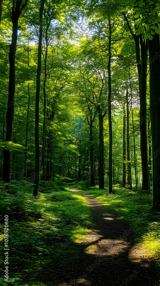 Naklejka premium A sun-dappled path winds through a lush green forest.