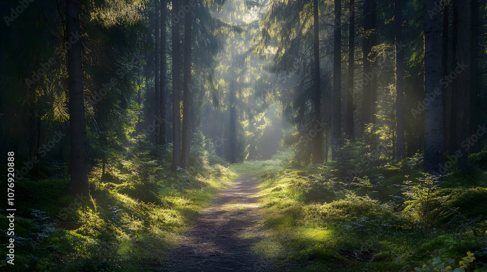 Obraz premium A sunlit path through a dense forest, with trees lining the sides and a bright glow in the distance.