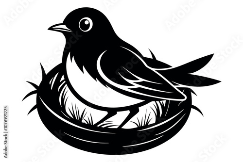 Black and White Illustration of Robin Bird Sitting in Nest on White Background