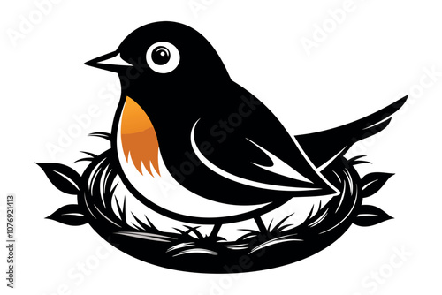 Black and White Illustration of Robin Bird Sitting in Nest on White Background