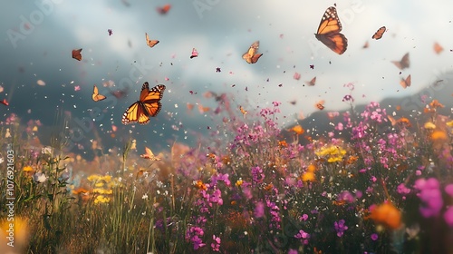 Wildflower field in a variety of colors with butterflies fluttering around, creating a lively scene photo