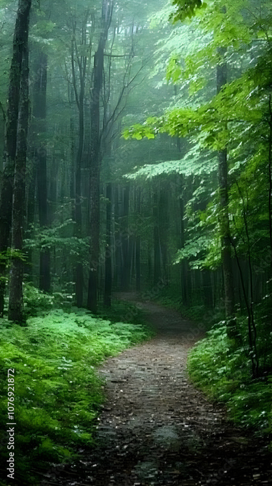 Obraz premium A winding path through a dense, misty forest. (1)