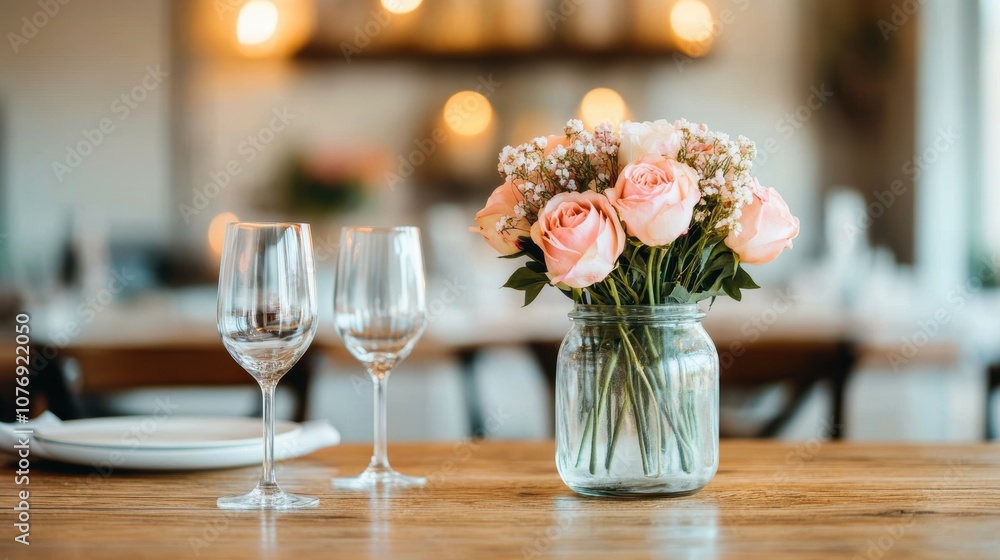 Fototapeta premium A rustic wooden table featuring a mason jar of pink roses and baby breath, with two empty wine glasses, perfect for romantic or wedding themes.