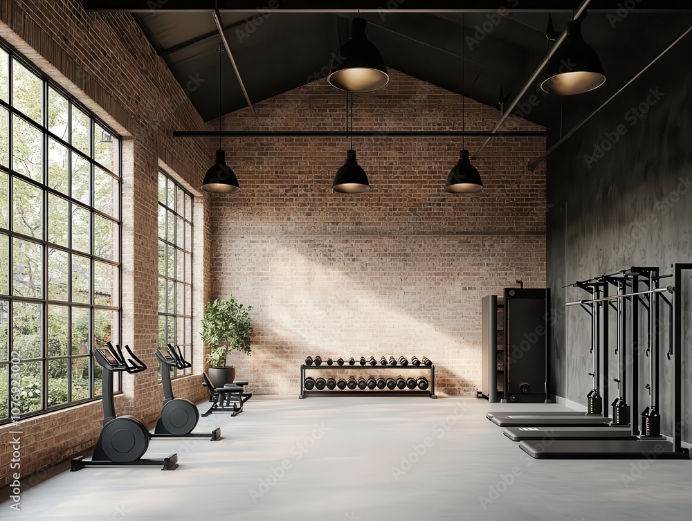 Warehousestyle gym exterior with open metal framework, large windows, and exposed brick walls, Fitness Gym, Warehouse Fitness Warehousestyle gym exterior with open metal framework, large windows, and exposed brick walls, Fitness Gym, Warehouse Fitness