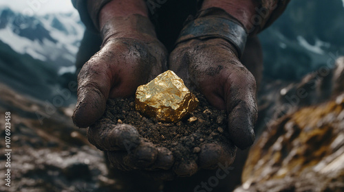 Hands Holding Gold Nuggets in Mountainous Landscape
